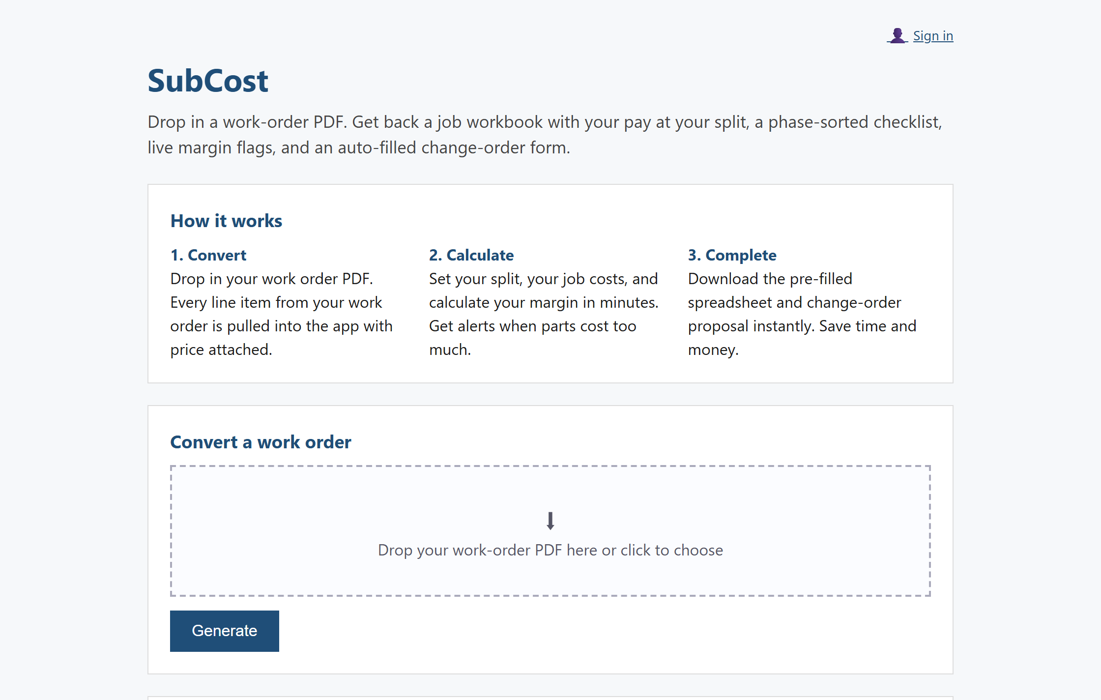 The SubCost home page: a three step How it works panel, a drop zone reading Drop your work-order PDF here or click to choose, and a Generate button.