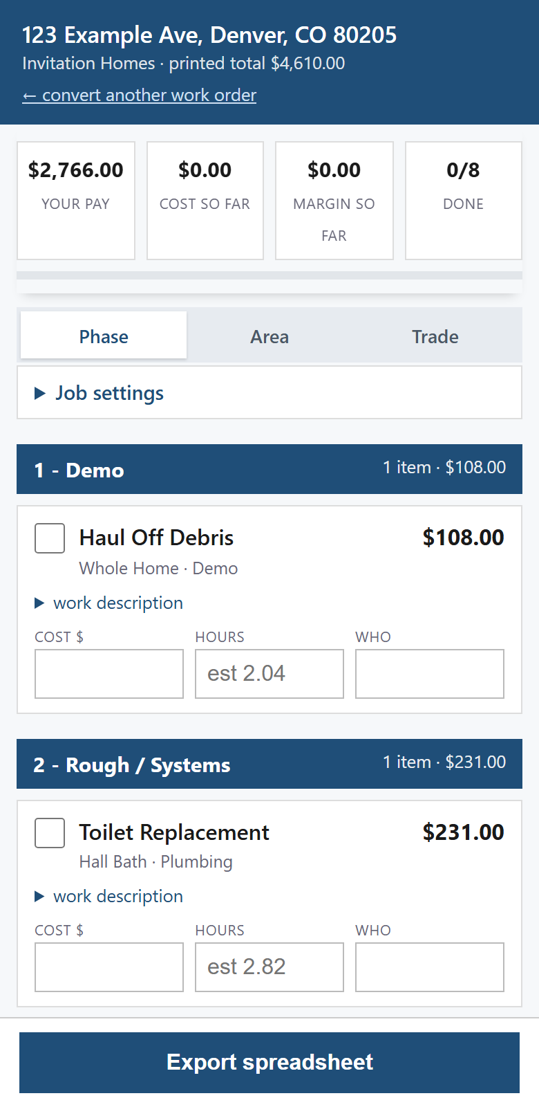 The SubCost checklist on a phone, showing a job address, the printed total of $4,610.00, tiles reading YOUR PAY $2,766.00, COST SO FAR, MARGIN SO FAR and 0/8 DONE, then line items grouped under 1 - Demo and 2 - Rough / Systems with cost, hours and who boxes.